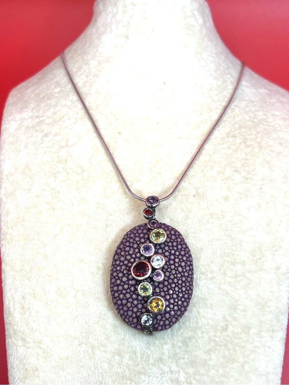 CHI Falchi 925 Sterling Purple Shagreen Multi Gem Pendant Necklace 18"